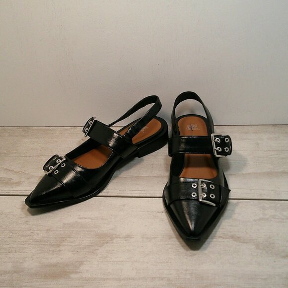 Womans Double Buckle Slingback Grunge Style Black Flats Size 8.5 - Picture 2 of 9